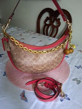 Coach Aria Brown Signature Crescent Shoulder Bag with Red Trim